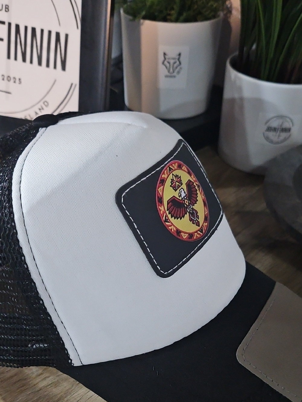 White & Black Trucker Hat with Embroidered Eagle Patch